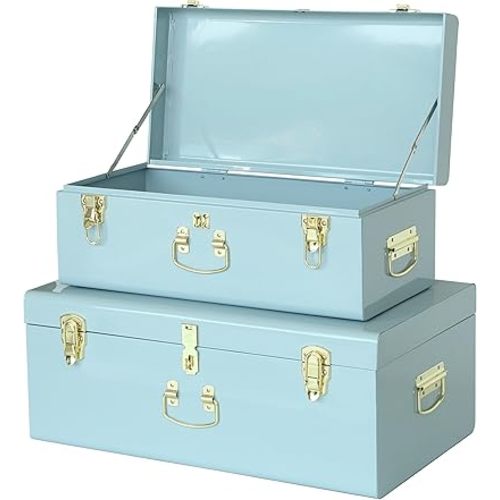 Vixdonos Metal Trunk Decorative Storage Box Set of 2 College Dorm Chest with Handle (Light Blue)