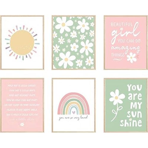 FSZSEES Boho Nursery Wall Art Set of 6 Rainbow Sun Flower Wall Decor Pink and Green Boho Poster Prints You Are My Sunshine Wall Art for Girls Room (8x10 Inch)