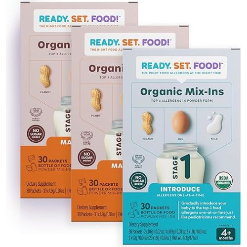 Ready, Set, Food! Stage 1 & 2 Mix-ins – Safe&Easy Early Allergen Introduction, Babies 4+ Months, Mix with Breastmilk, Formula & Baby Food, with 3 Top Allergens: Organic Peanuts, Milk & Eggs (90 Days)