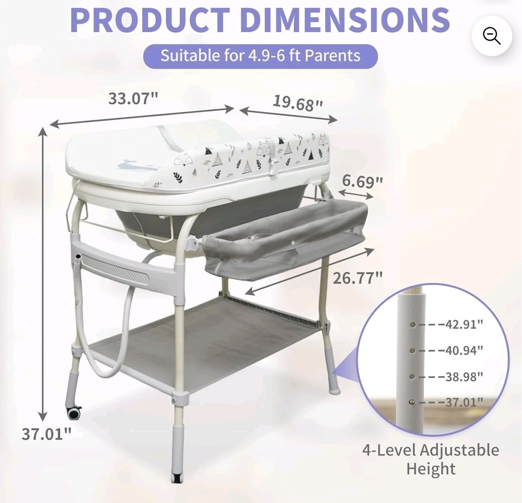 Linor 2 in 1 Bathtub with Changing Table, Waterproof Diaper Changing Station Portable Changing Table Adjustable Height Nursery Organizer with Storage Racks