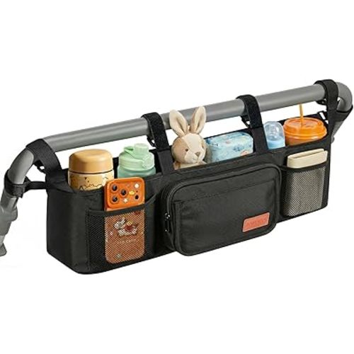 Guiseapue Double Stroller Organizer with 2 Insulated Cup Holders: Parent Console Double Jogging Stroller Accessories Fits for Baby Jogger City Mini GT2 and Jeep Double Stroller