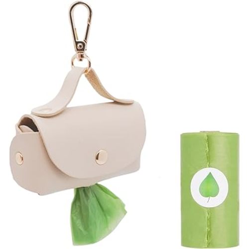 Leather Poop Bag Holder Dispenser for Leash, Portable and Reusable Dog Poop Bag Dispenser, Dog Bag Holder for Walking, Outdoor, Travelling (Beige)