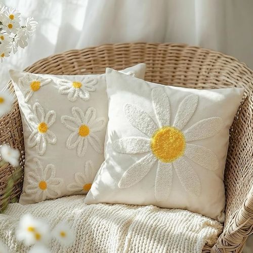 GEEORY 2-Pack 18x18 Inch Spring Summer Daisy Embroidered Canvas Throw Pillow Covers, Farmhouse Cotton Cushion Cases for Sofa Bed Living Room Home Decor
