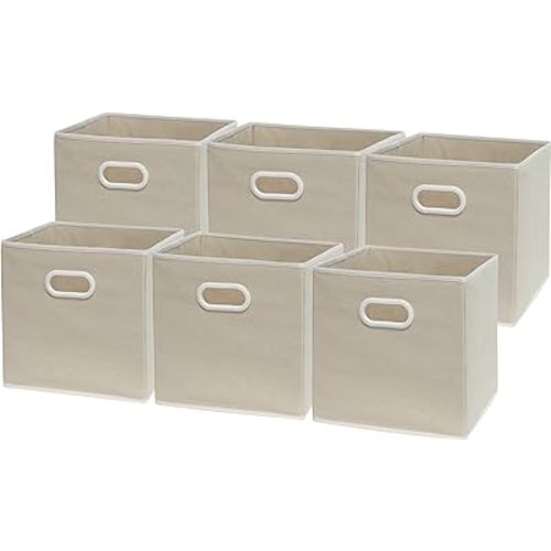 Simple Houseware Foldable Cube Storage Bins with Handles, 11-Inch, Beige, 6-Pack, Fabric Cubes Organizer for Closet or Shelves