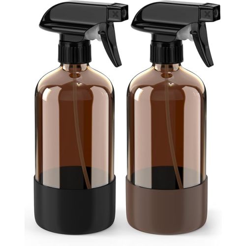 Glass Spray Bottle with Silicone Sleeve Protection, Amber Glass Spray Bottle Set for Non-toxic Window Cleaner Aromatherapy Facial Hydration Watering Flowers Hair Care 2 Pack/16 oz (Black & Brown)