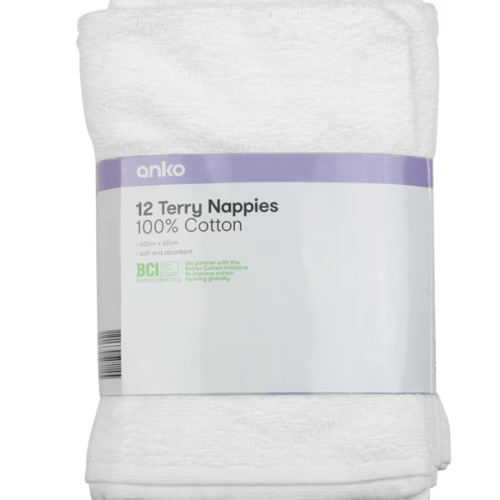 12 Pack Cotton Terry Nappies