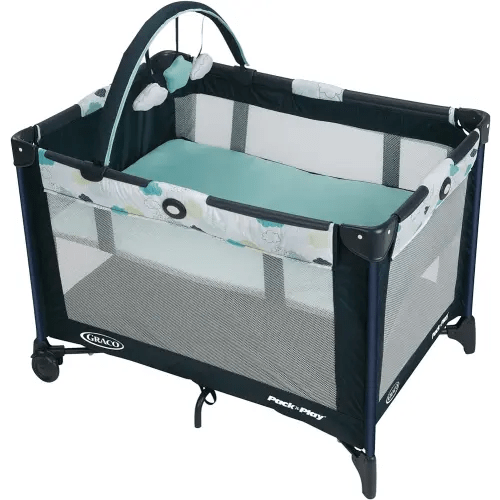 Graco Pack and Play On the Go Playard | Includes Full-Size Infant Bassinet, Push Button Compact Fold, Stratus , 39.5x28.25x29 Inch (Pack of 1)