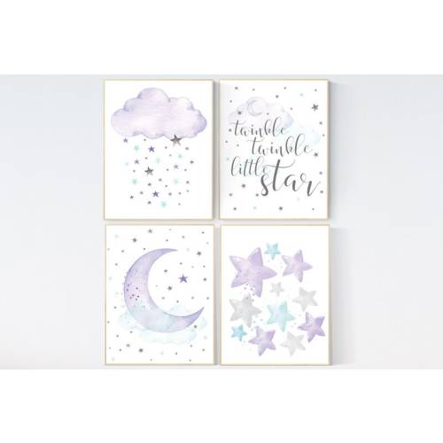 Purple Teal Nursery Decor: Moon, Cloud & Star Prints