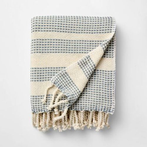 50"x60" Throw Border Stripe Woven Medium Blue And Cream - Threshold™ Designed With Studio Mcgee