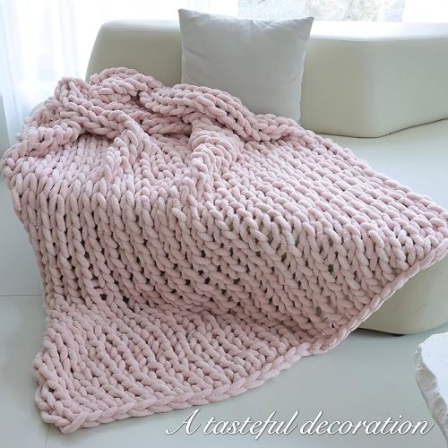 Maetoow Chenille Chunky Knit Blanket Throw (40×50 Inch), Handmade Warm & Cozy Blanket Couch, Bed, Home Decor, Soft Breathable Fleece Banket, Christmas Thick and Giant Yarn Throws, Light Pink
