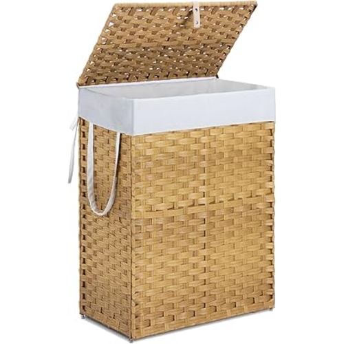 DUMOS Woven Laundry Basket with Lid, 90L Large Capacity Hamper, Removable & Machine-Washable Liner, Foldable Rattan Clothes Hamper, Sturdy Steel Frame, Odor Control, Goose Yellow