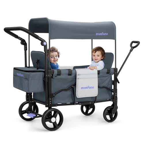 MOMFANN Stroller Wagon for 2 Kids with Canopy, Foldable All-Terrain Wagon Stroller with Adjustable Push/Pull Handle, Parent Organizer, 5-Point Harness (Space Grey)