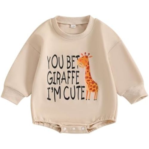 Canis Newborn Baby Boys Girls You Bet Giraffe I'm Cute Long Sleeve Sweatshirt Romper Infant Giraffe Oversized Bodysuit