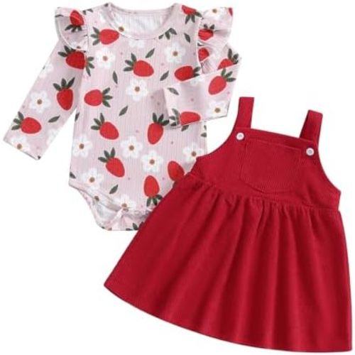 Hnyenmcko Newborn Baby Girl Fall Clothes Ruffle Long Sleeve Floral Ribbed Romper Suspender Skirts Set Infant Winter Outfit