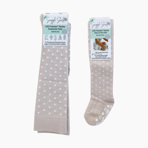 Snuggle Shield LUXE Knees to Toes Matching Mom & Baby Socks - Tan Dots, Adult One Size/Baby 0-2 Yrs
