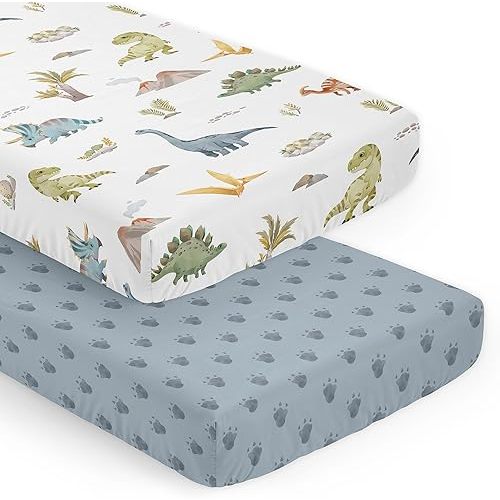 Sweet Jojo Designs Watercolor Dinosaur Dino Boy Baby Fitted Crib Sheet Set Infant Newborn Nursery Toddler Bed Room Standard Mattress 2p Blue Tracks Footprint Green Modern Dinosaurs Animal Nature