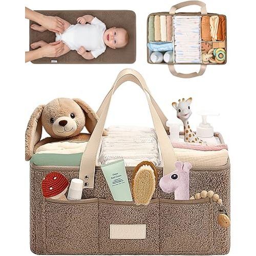Baby Diaper Caddy Organizer with Portable Changing Mat - Teddy Fleece Diaper Organizer for Changing Table - Basket for Changing Essentials - Baby Essentials Organizer with Removable Dividers