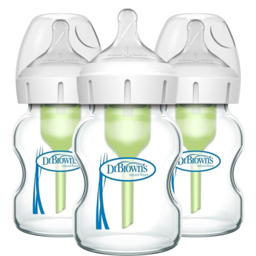 Dr. Brown's Natural Flow Anti-Colic Options+ Wide-Neck Glass Baby Bottles 5 oz/150 mL, with Level 1 Slow Flow Nipple, 3 Pack, 0m+