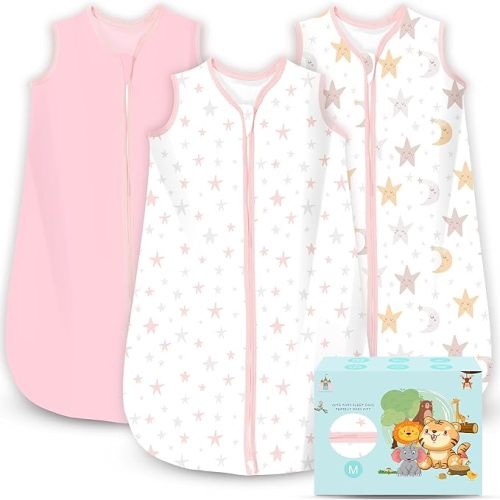 Cute Castle Baby Sleep Sack 6-12 Months - Lightweight 100% Cotton 2-Way Zipper TOG 0.5 Infant Wearable Blanket, Newborn Essentials Toddler Sleep Clothes, 3 Pack(Pink, Moon, Stars)
