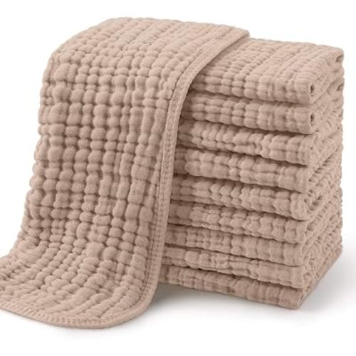 Yoofoss Muslin Burp Cloths for Baby 10 Pack 100% Organic Cotton Baby Washcloths for Boys Girls Large 20''X10'' Super Soft and Absorbent Brown