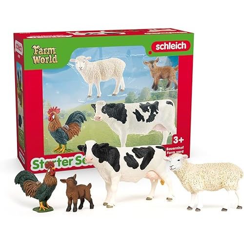 Schleich Farm World - Starter Set, Includes 4 x Collectible Toy Farm Animals, Cow, Sheep, Donkey Foal and Rooster Farm Animal Toys for Kids Ages 3+
