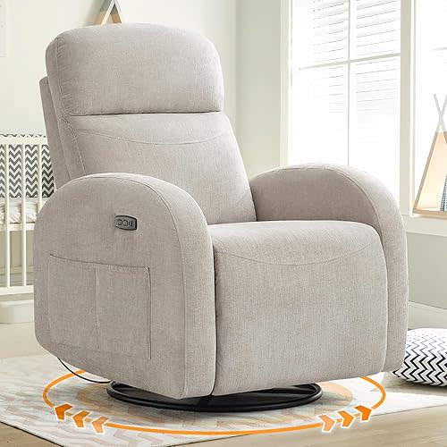 Nursery Glider Recliner, Power Swivel Rocking Recliner with USB & Type-C Port, Swivel Nursering Reclining Rocker with Double Pockets for Living Room, Camel Chenille
