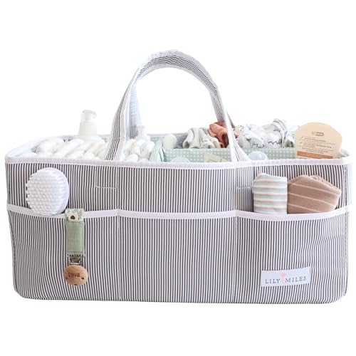 Lily Miles Baby Diaper Caddy - Organizer Tote for Infant Boy or Girl - Baby Shower Basket - Nursery Must Haves - Registry Favorites - Newborn Caddie Car Travel - Gray/Mint, Extra Large