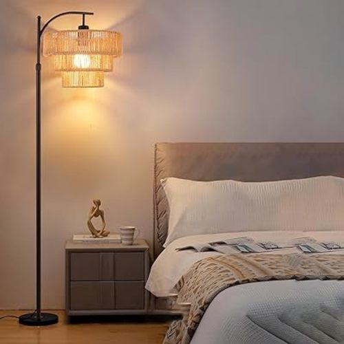 Boho Floor Lamp for Living Room Bedroom with Remote,Arc Farmhouse Floor Lamps with 3 Color Temperature,Rustic Standing Lamp with 3-Tier Rattan Wicker Shades,Adjustable Tall Lamp for Office,Corner