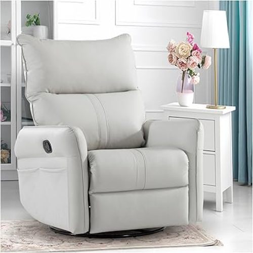 cinehome Swivel Rocker Recliner, Small Rocker Recliner Chairs for Adults, Overstuffed Faux Leather Manual Recliner, Glider Recliner, 360 Swivel Recliner Chair for Living Room