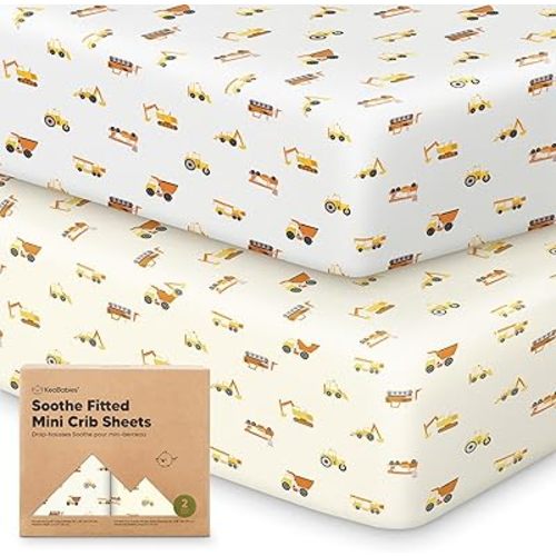 2-Pack Mini Crib Sheets Fitted - Pack N Play Sheets for Pack and Play Mattress, Organic Cotton, Soft & Breathable Jersey Playard Bedding, Neutral Mini Toddler Bed Cover for Boys, Girls (Construction)