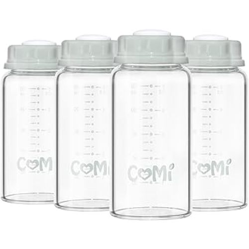 COMI Natural Glass Baby Bottle,Standard Neck Breastmilk Storage Bottle for Fridge,Breast Milk Container,Breast Pump Bottle Compatible with Medela Breast Pump,BPA Free,4PCS (5oz,4 Gray Lids)