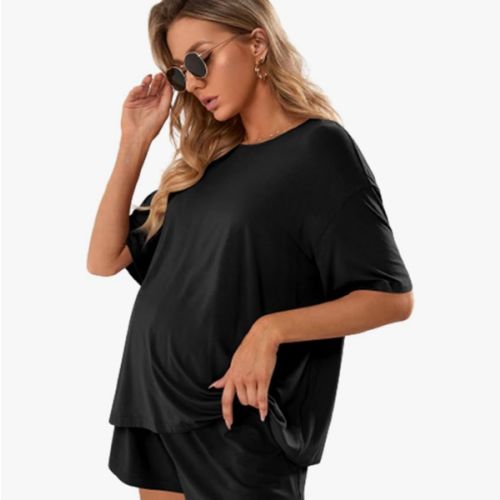 Verdusa Women's Maternity Pajama Set 2 Piece Drop Shoulder Top and Short Lounge Sets