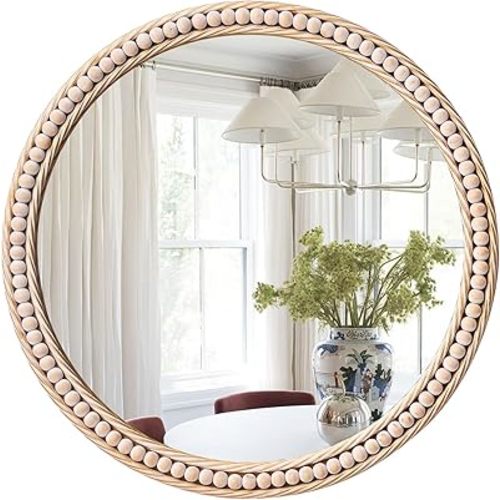 Circle Wall Mirror for Bathroom 20" Round Beaded Framed Mirror Farmhouse Wooden Mirror for Decor Decorative Vanity Mirror Rustic Hanging Mirror for Bathroom Entryway Washingroom Living Room Bedroom