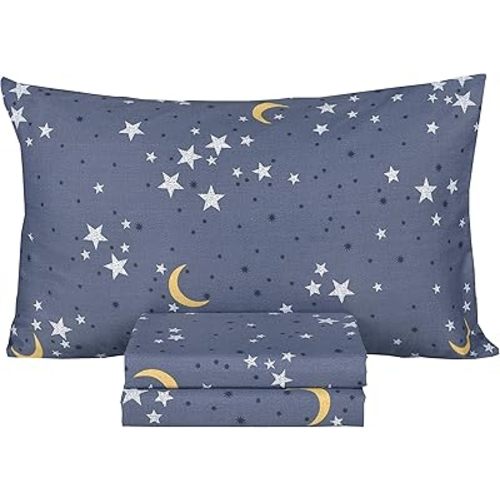 Scientific Sleep Moon & Stars Boys Girls 100% Cotton 3 Pcs Twin Bed Sheet Set Kids Toddler Teen, Flat Sheet & Fitted Sheet & Pillowcase Kids Bedding Set