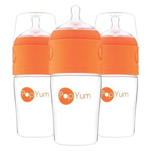 PopYum 9oz Anti-Colic Baby Bottle for Breast and Formula Feeding, 3-Pack, Orange, #2 Medium Flow Nipples