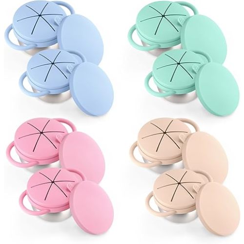 8 Pack Stainless Steel Snack Containers for Kids with Spill-Proof Silicone Lids & Handles - 3-in-1 Snack Cups for Toddlers Spill Proof | Dishwasher Safe, BPA-Free On-the-Go Kids Snack Containers Box