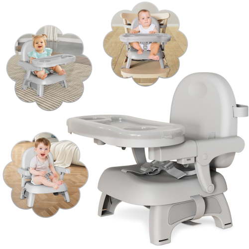 3-in-1 Baby Booster Seat, Infant Activity and Feeding Seat with Adjustable Tray, Chair Straps Secure Booster for Dining Table & Travel, Grey