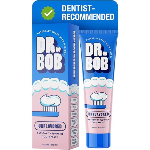 Dr. Bob Unflavored Anticavity Fluoride Toothpaste for Kids, Dentist-Recommended Toothpaste Gel with Xylitol for Sensitive Teeth, SLS-Free, Children and Adult Oral Care, 4 oz., 1-Pack