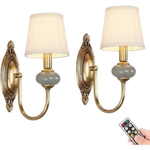 Wireless Battery Operated Wall Sconces Lights Set of 2, Rechargeable Antique Brass Wall Light Sconce with Bulbs & Remotes, No Wires Dimmable Green Ceramic Wall Lamps for Living Room Bedroom Hallway