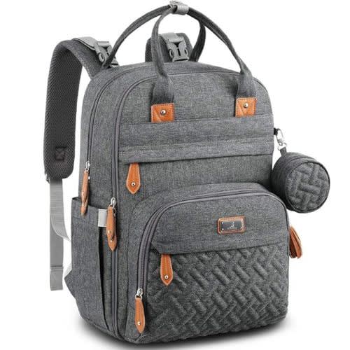 BabbleRoo Diaper Bag Backpack - Multi function Waterproof Diaper Bag, Travel Essentials Baby Tote with Changing Pad, Stroller Straps & Pacifier Case - Unisex, Dark Gray - Polyester