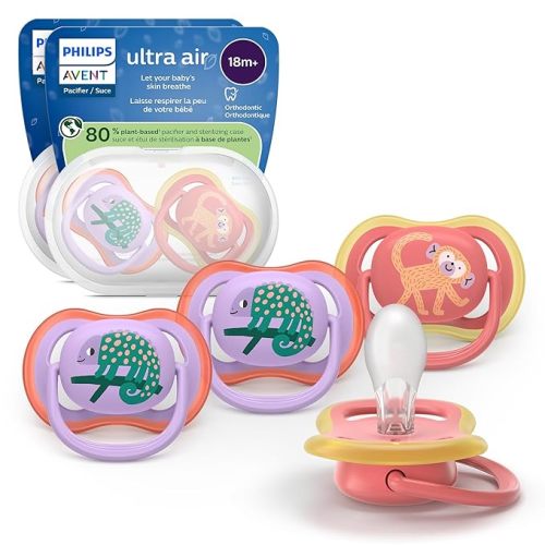 Philips Avent Ultra Air Pacifiers - Orthodontic Design, for Babies 18 Months+, Extra-Firm Silicone Symmetrical Nipple, BPA-Free, with 2 Sterilizing Cases, 4 Pack, SCF349/54