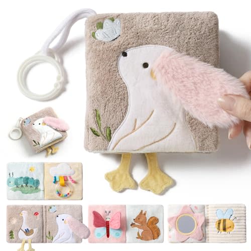 let's make Soft Baby Book, Sensory Crinkle Cloth Books for Babies 0-6 6-12 Months, Animal Tummy Time Toys with Baby Mirror & Squeaker, Touch and Feel Travel Stroller Toy, Newborn Gift Baby Shower