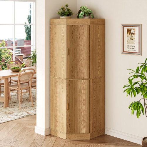 Latitude Run® 70.1” Farmhouse Corner Storage Cabinet With Fluted Doors, Kitchen Pantry Cabinet With Adjustable Shelves | Wayfair