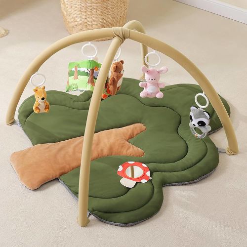 Baby Play Gym Mat, Tree-Shaped Tummy Time Mat with 6 Detachable Toys, Thick & Plush Play Mat for Babies 0-6 Months, Baby Activity Mat, Newborn Infant Baby Essentials Gift