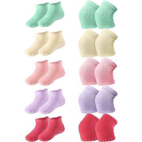10 Pairs Baby Crawling Anti Slip Knee Pads and Anti Slip Baby Socks Set Unisex Toddler Knee Protectors Non Slip Ankle Socks