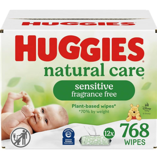 Huggies Natural Care Sensitive Baby Wipes, Unscented, Hypoallergenic, 99% Purified Water, 12 Flip-Top Packs (768 Wipes Total), Packaging May Vary