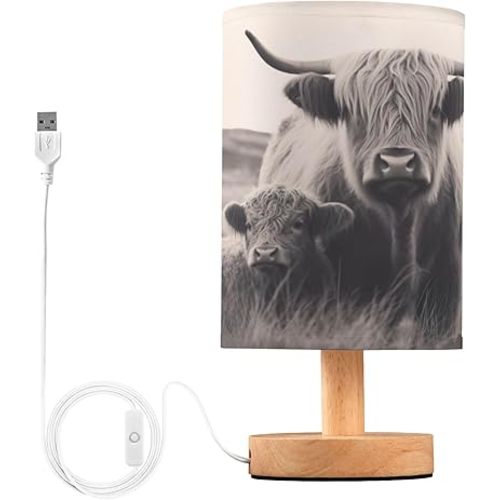 Qilmy Highland Cow Bedside Table Lamp with LED Light Included, Button Switch Control for Bedroom Nightstand Lamp with USB Ports for Living Room Bedroom Home Office