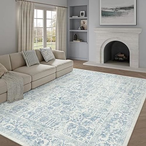 PureCozy Blue Area Rug 7x9 Machine Washable Vintage Living Room Distressed Non Slip Carpet Traditional Indoor Bedroom Retro Floral Accent Throw Large Rug for Office Kitchen Dining Room