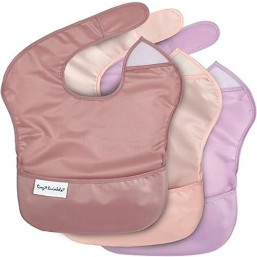 Tiny Twinkle Mess Proof Baby Bibs for Eating - Waterproof, Wipeable Bibs - Toddler Bibs - Travel Friendly - PFAS, PVC, BPA, Phthalate Free - Baby Food Bibs(3 Pack,Taupe, Rose)