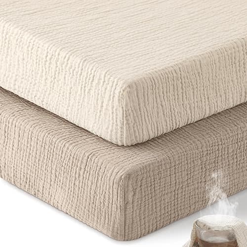 Muslin Crib Sheets for Boys Girls, 100% Cotton Fitted Crib Sheet 2 Pack for Standard Crib and Toddler Mattress, Breathable Soft Baby Sheet 28x52x8in Beige & Khaki